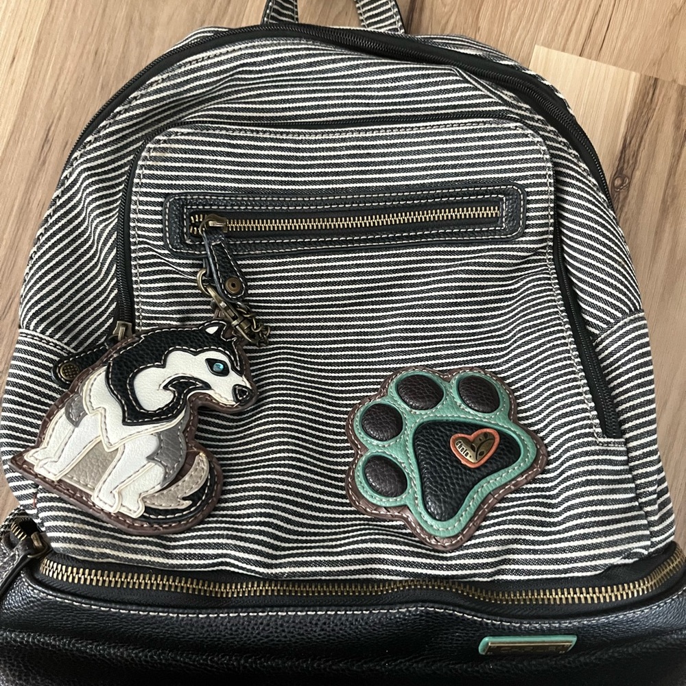 Chala Handbags Backpack Paw Hound Striped Canvas Faux Leather  Charms